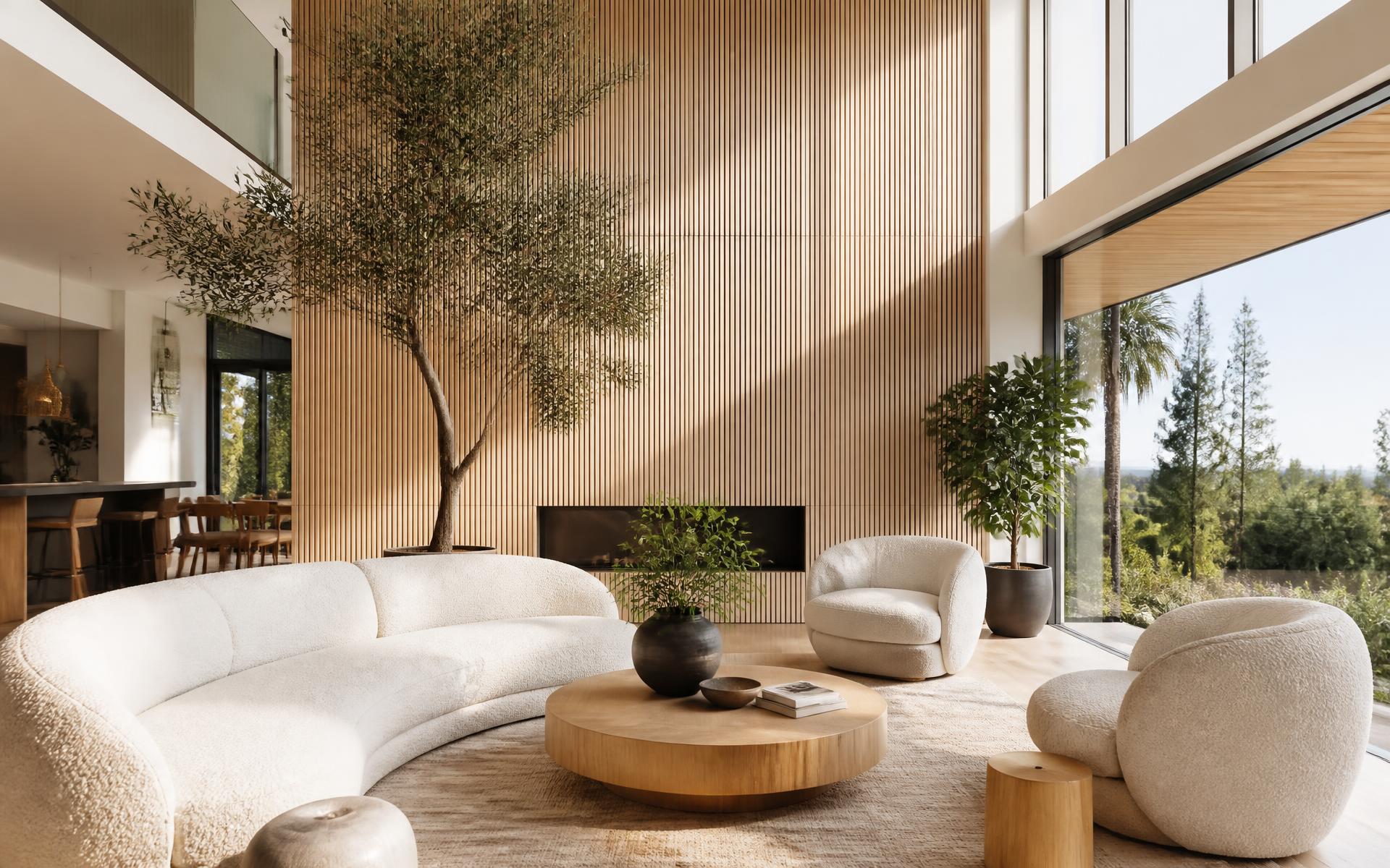 Bright living room with natural wood slat panel wall